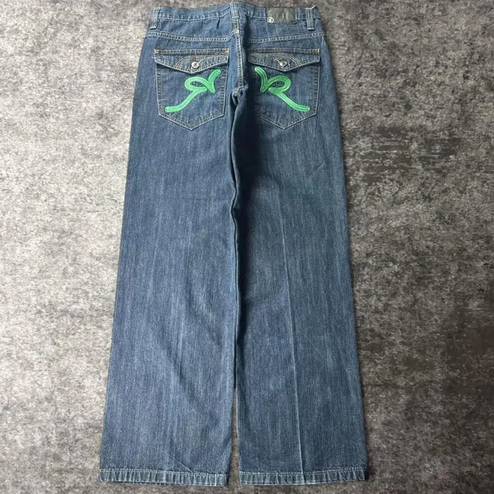 Vintage Rocawear Men’s 34 Blue Y2K Baggy Embroidered Denim Jeans Green Logo